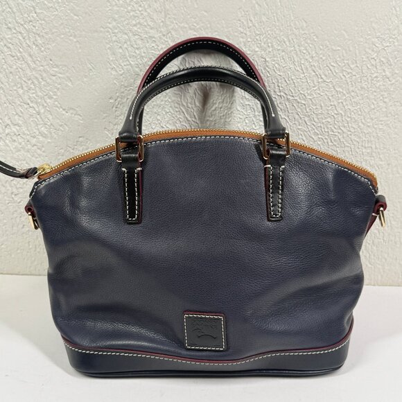 Dooney & Bourke Pebble Grain Satchel Navy Blue Leather Black Red Trim Zip - Picture 1 of 9